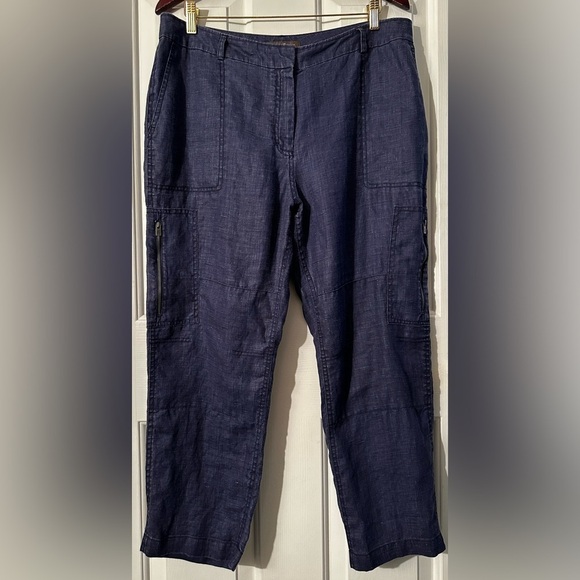 TOMMY BAHAMA 14 Coastal Indigo Blue 100% Linen Cropped Cargo Pants Zipper Pocket - Picture 3 of 13
